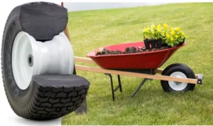 Cross section of flat free tire to show solid tire all the way through next to usage example of a flat free tire on a wheel barrow