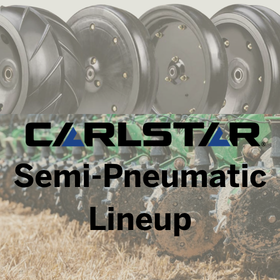 Carlstar Semi-Pneumatic Line up text over image of wheels in showroom and wheels in use in field